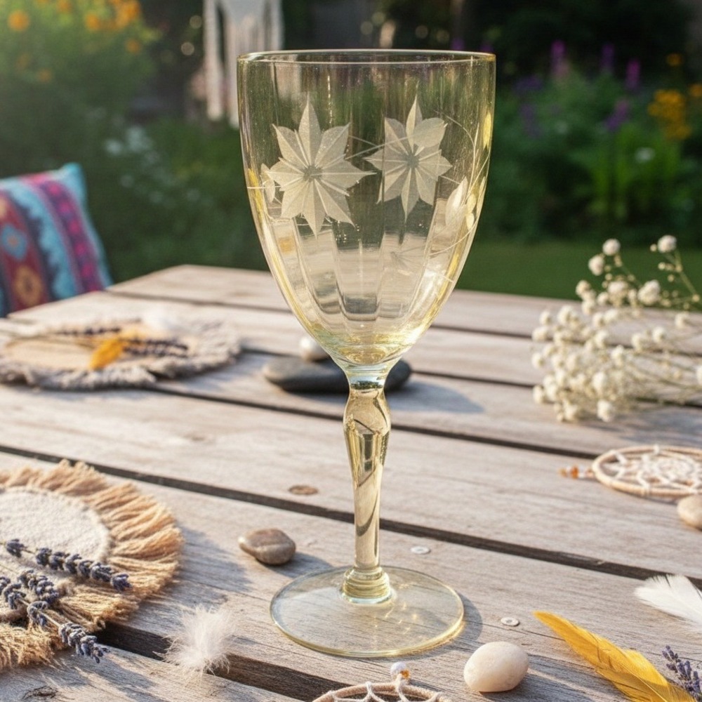 Lancaster Jubilee Yellow Wine Goblet, Floral Etched Amber Glassware, Replacement